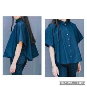 MAUD HELINE BROOKLYN Women’s ARISTIDE Navy Blue Cotton Poplin Cape Shirt OSFA